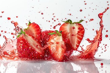 Poster - Ripe strawberries getting a refreshing splash of water, perfect for food and beverage concepts