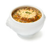 French onion soup in a white bowl isolated on a white background.