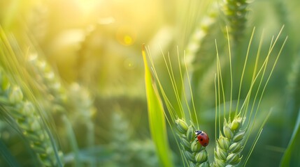 Wall Mural - Young juicy fresh green wheat ears spikes and a ladybug on nature close-up macro. Beautiful texture of young wheat spikelets.