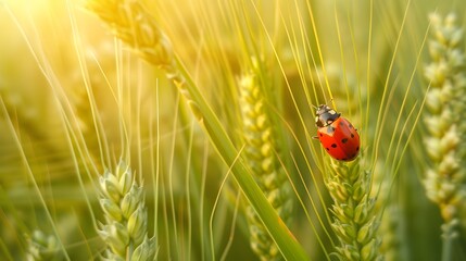 Wall Mural - Young juicy fresh green wheat ears spikes and a ladybug on nature close-up macro. Beautiful texture of young wheat spikelets.