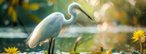 Fototapeta  - Egret Catching Insect by Waterlilies at Dusk
