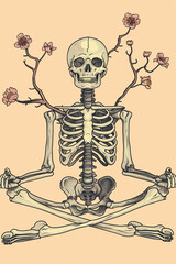 Surreal Skeleton Meditation with Floral Background
