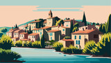 Fototapeta  - Vintage panorama of the old town landscape with houses and river  delicate pastel colors