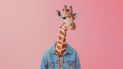 Aufkleber - A stylish giraffe in a denim jacket on a pink background. Perfect for fashion and animal lovers