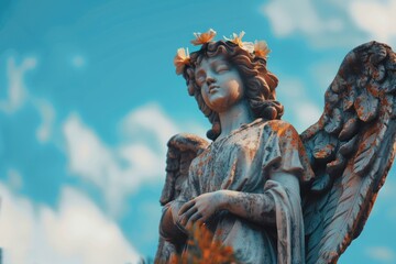 Poster - A beautiful statue of an angel wearing a crown of flowers. Ideal for religious or garden-themed projects