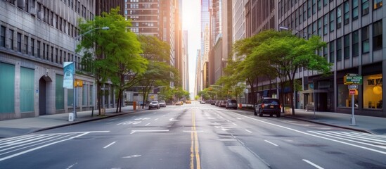 A quiet New York city street in summer with a view of the bright sun