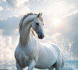 stunning white horse swimming in  ocean at sunset. close up. Digital artwork. Ai generated