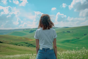Poster - A woman standing in a field of grass. Suitable for nature or outdoor themed projects