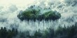 Silhouette of a cloud dripping code into a digital forest, on a cloud computing for reforestation background, concept for leveraging cloud computing in reforestation efforts.