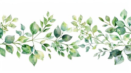 Poster - Vibrant watercolor painting of green leaves on a white background. Perfect for botanical designs