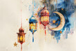 Ramadan Kareem holiday pastel greeting card, crescent moon, lantern