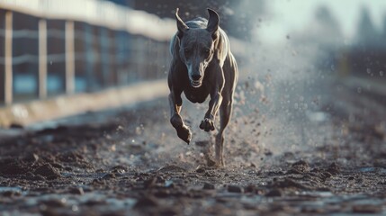 Poster - A dog running in the dirt on a track. Suitable for sports or pet-related designs
