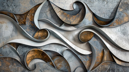 Fototapete - A contemporary decorative wall embellished with interlocking abstract elements and metallic accents, shown in high-quality