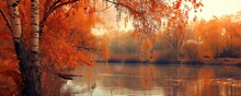 Clean Lake Landscape Surrounded By Trees In Autumn