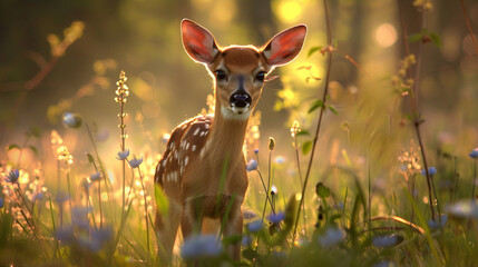 Wall Mural - A curious little fawn cautiously exploring a sunlit clearing, surrounded by tall grass and blooming wildflowers.