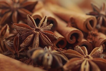 Poster - A pile of cinnamon sticks and star anise. Perfect for food and spice related projects