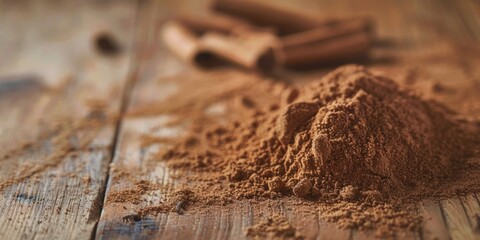 Poster - A pile of cinnamon on a rustic wooden table. Perfect for food and kitchen-related projects