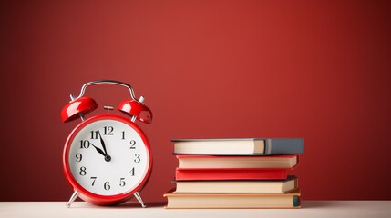 Wall Mural -  A red alarm clock placed next to a stack of books in a neat arrangement