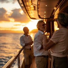 Wall Mural - Two men and a woman on the deck of a boat drinking wine. Generative AI.