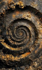 Canvas Print - A spiral pattern on a piece of wood with some dirt. Generative AI.