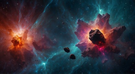 Wall Mural - Two stars and a nebula in space with colorful clouds. Generative AI.
