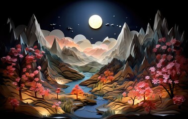 Wall Mural - A paper cut out of a mountain with trees and moon. Generative AI.