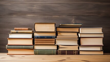 Wall Mural - A stack of hardcover books neatly arranged on top of a wooden table