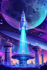 Poster - A rocket flying over a space station. Suitable for science and technology concepts