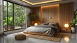 Elegant modern bedroom interior with wooden wardrobes and large window view