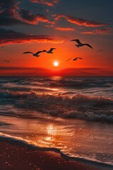 Wall Mural - A group of birds flying over the ocean at sunset. Ideal for nature and travel concepts