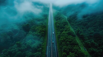 Poster - Aerial view of a highway cutting through a dense forest. Suitable for transportation and nature concepts