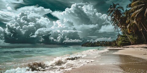 Poster - A scenic view of a beach with palm trees in the background. Ideal for travel and vacation concepts