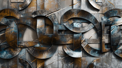 Fototapete - A modern decorative wall adorned with interlocking abstract elements and metallic accents,