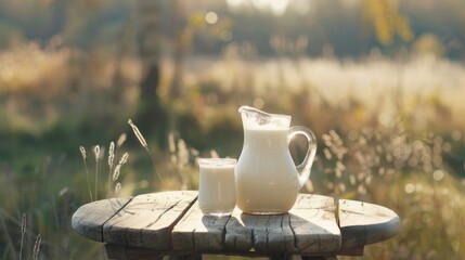 Poster - A pitcher and glass of milk on a table. Suitable for food and drink concepts