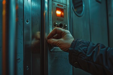 Poster - A person pressing a button on an elevator. Suitable for transportation concepts