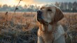 Golden retriever dog in the field at sunset. Retriever portrait.