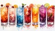A selection of different alcohol cocktail mocktails isolated on a white background cutout.