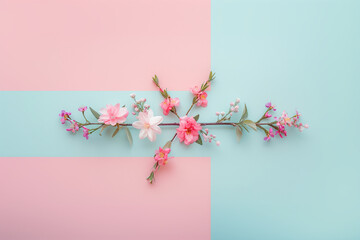 Wall Mural - Branch with pastel flowers, flat lay, copy space 