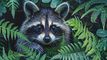 A Mischievous Little Raccoon Peeking Out From Behind A Cluster Of Ferns, Its Masked Face Full Of Curiosity.