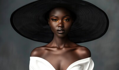 Wall Mural - Portrait of African fashion model in white dress with ample clevage and large black hat