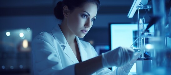 Wall Mural - a focused female scientist wearing a lab coat is carefully examining a glass object in a laboratory 