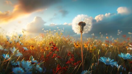 Wall Mural - sunset dandelion in flower field meadow