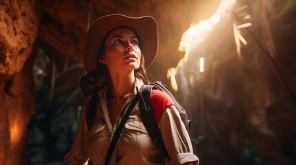 Wall Mural - Woman portrait in movie  adventure style, cinematic. Shoot with sand, rocks, cavity in the desert background. Advertising of the travel  brand