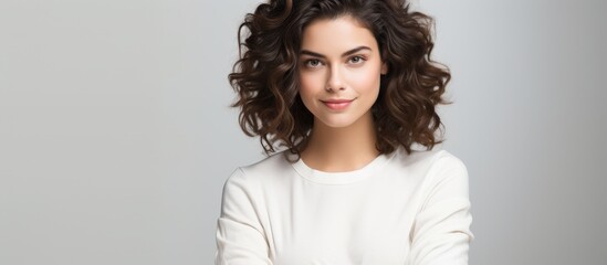 Wall Mural - Curly-haired woman in a white shirt striking a pose for a photo with a confident look