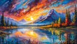 Colorful abstract sunset over river and mountains acrylic oil painting, pallet knife on canvas