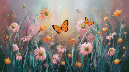  Sublime Blossoms Oil Portrayal of Wildflowers and White Butterflies