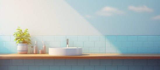 Wall Mural - Bathroom counter featuring a sink with a small plant gracefully placed beside it