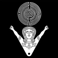 Wall Mural - Goddess Astarte with raised hands holding a round spiral maze or labyrinth symbol. Ancient Near Eastern female deity. Feminist design. Black and white silhouette.