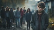 Cyberbullying Awareness! Teenage boy with a somber expression standing apart from a crowd on a foggy street. Concept of isolation and individuality.
