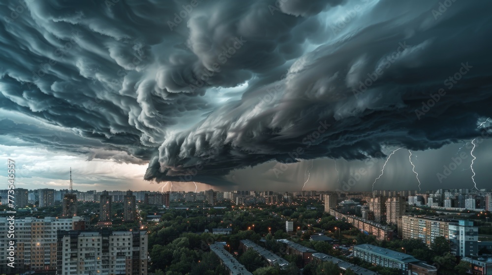 Thick dark storm clouds loom over a cityscape as menacing tendrils of ...